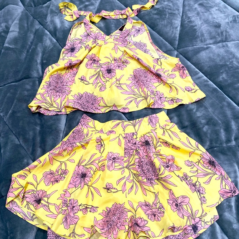 Crop flared top and shorts set.